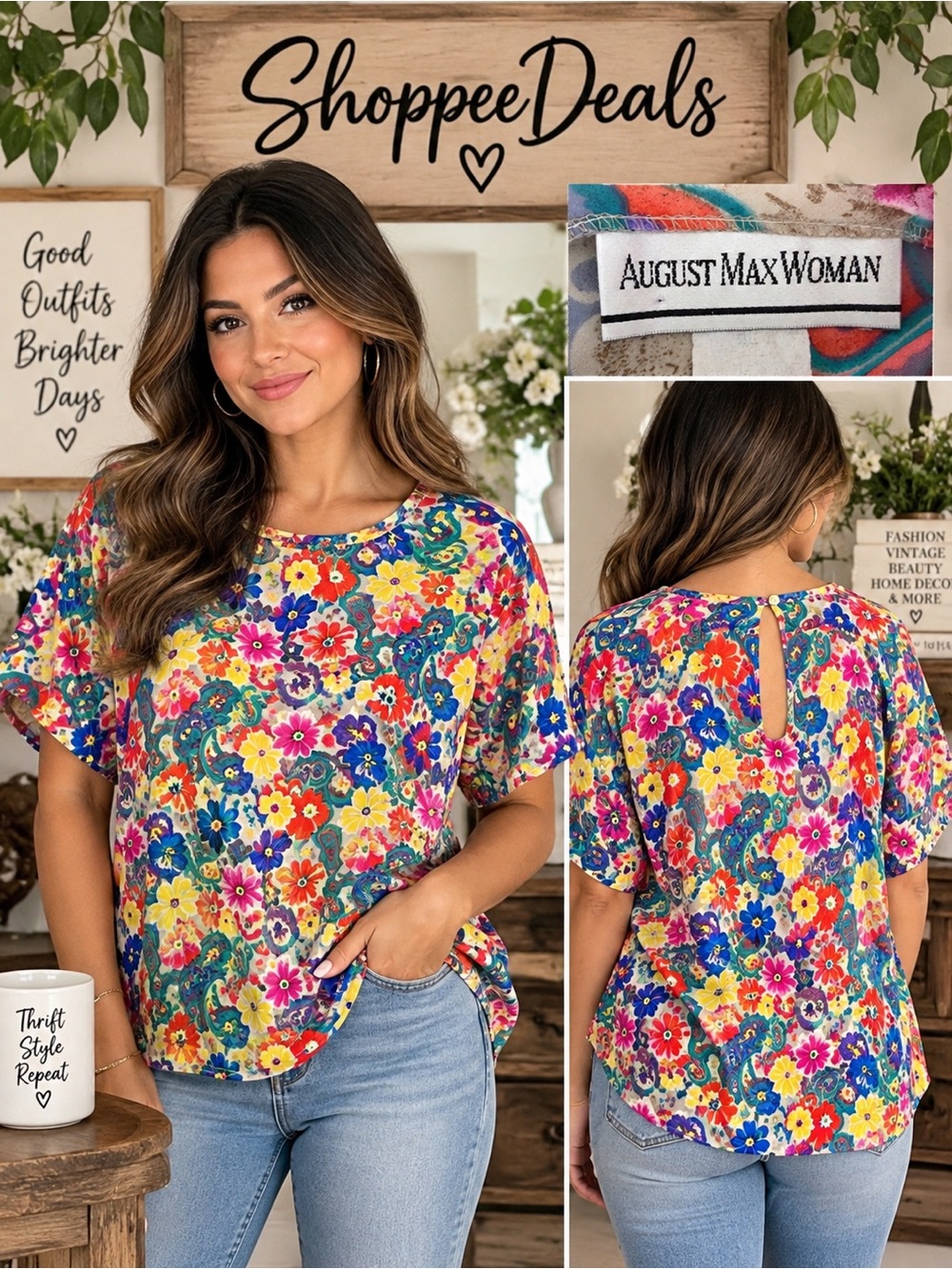 August Max Woman Retro Floral Paisley Pullover Top Short Sleeve Keyhole